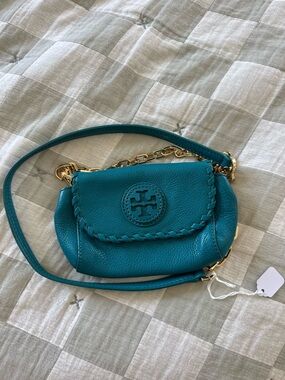 Tory Burch Teal Marion Pebble Leather Mini Crossbody Bag